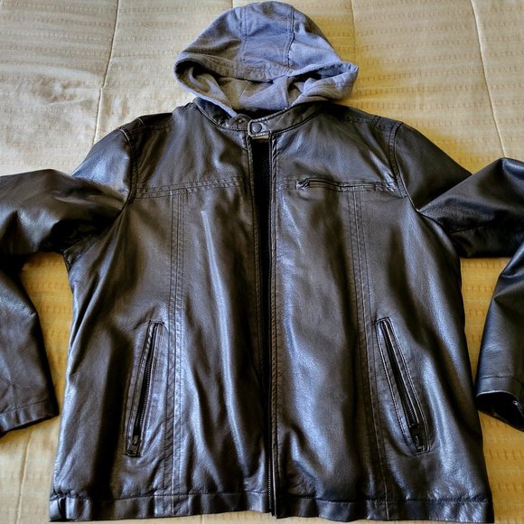 Levi Strauss Men’s Hooded Faux Leather Racer Jacket - Large, Black, Lined - Picture 1 of 10